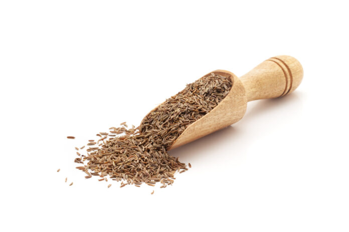 Front view of a wooden scoop filled with Organic Caraway seeds (Carum carvi).